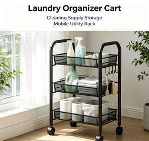 Iron Modern Black Utility Cart 3-Tier Rolling Storage Rack with Removable <b>Baskets</b> for Kitchen Fruit and <b>Vegetable</b> Display - Product Image 4