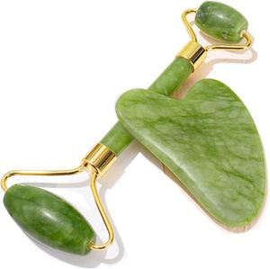 Ensemble de rouleau de massage pour le visage de qualité spa et d'outil de massage Gua Sha. <span class=keywords><strong>Pierre</strong></span> de jade 100% authentique. Réduit les poches et les rides - Product Image 1