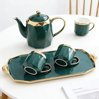 Ensemble de tasses à café en céramique avec bordure dorée de luxe, glaçure colorée, soucoupe en porcelaine, tasse à thé en céramique, cafetière en céramique avec plateau