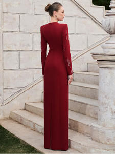 A11537 Vestido <span class=keywords><strong>de</strong></span> Noche Formal Rojo Elegante <span class=keywords><strong>para</strong></span> <span class=keywords><strong>Mujer</strong></span>, Vestido Largo <span class=keywords><strong>de</strong></span> Manga Larga con Pedrería y Diamantes, Corte A <span class=keywords><strong>de</strong></span> Cintura Alta - Product Image 2