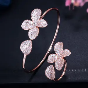 Adjustable Size Full Cubic Zirconia Rose Gold Color Flower Leaf Cuff Bangle Bracelet and Ring Sets for Women