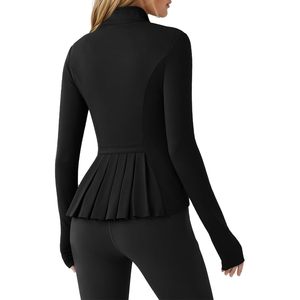 Custom Women's Zip up Workout Jacket Polyester Solid Color Pleated Slim Fit Stand Collar Long Sleeve Gym <b>Top</b> with <b>Thumb</b> <b>Holes</b> - Product Image 1