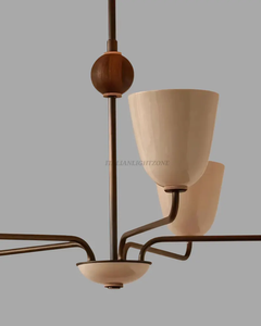 Lustre LED italien élégant de style Mid-Century Modern en laiton, 5 lumières, abat-jour crème, hauteur réglable, protection oculaire, pour salon - Product Image 4