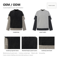 T-shirt personnalisé pour homme en velours côtelé à manches longues, OEM ODM, vente en gros, côtelé, texturé, patchwork, épissures contrastées, délavé, streetwear