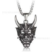 Yunnique Collier Pendentif Masque Hannya Géométrique Japonais en Acier Titane pour Homme, Tête de Bête Démoniaque à Longues Cornes, Bijou de Mode, Cadeau