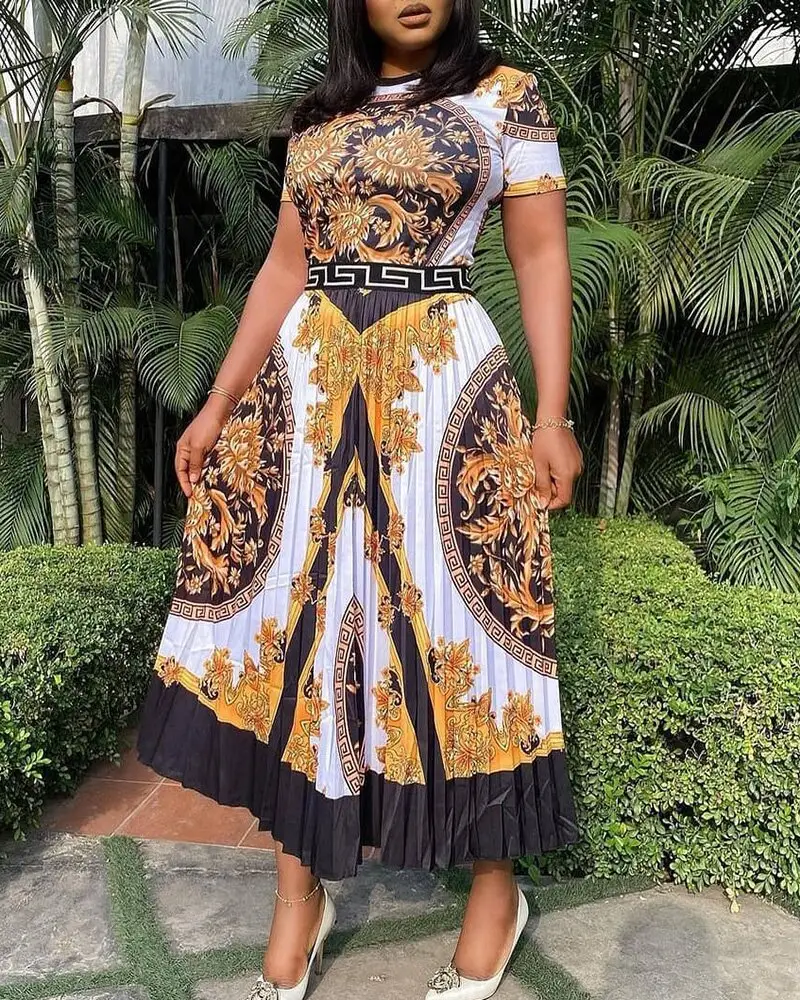 Neuestes Design Sommerkleider Damen lässig Kurzarm O Hals plissiertes Kleid afrikanische Bedruckte Kleider