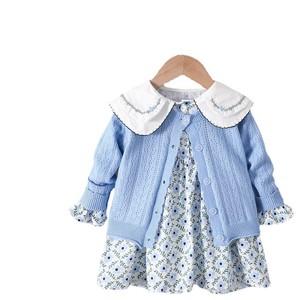 Girls Knitted Sweater And Floral Dress Set Blue Cotton Country Style Outfit For Autumn - Product Image 5