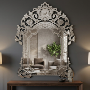 Espejo de Pared de Vidrio Bohemio con Marco Decorativo, Diseño Ornamentado, Acabado Plateado, Espejo de Vestir para Habitación - Product Image 2