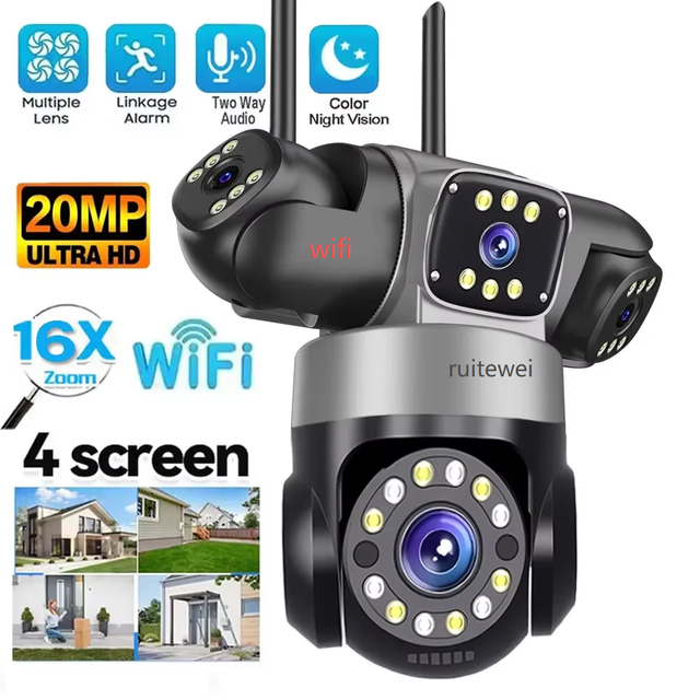 16MP 4-Lens 16X Zoom PTZ CMOS Security Camera WiFi Cloud IP66 Waterproof Night Vision Two-Way Audio H.265 Face Wide Angle 1 Year