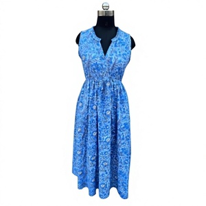 Vestido Midi Estampado a Mano con Diseño Floral Azul para Mujer, Vestido Boho de Verano sin Mangas, Vestido Informal de Algodón Indio para la Playa - Product Image 1