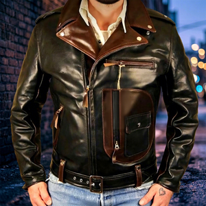 Chaqueta de Invierno Unisex Estilo Racer, Cuero Genuino y Lona, 100% Resistente al Agua, Cuello Mao, Cierre de Cremallera Frontal BS - Product Image 1