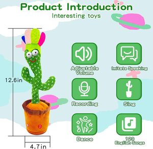 Jouet en peluche douce en forme de cactus, parlant, chantant et dansant, rembourré en coton PP, avec couleur personnalisée et taille de 33 cm - Product Image 3