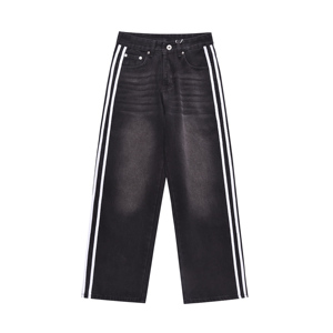 Versand bereit Männer Hochwertige Custom Baggy Jeans Herren Ribbon Stripe Denim Wash Denim Schwarz Breites Bein Designer Jeans Hersteller