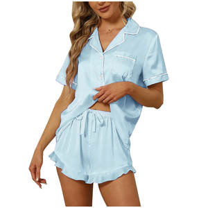 Loveda, recién llegado, conjunto de <span class=keywords><strong>ropa</strong></span> para el hogar para mujer, camisas de manga corta con solapa, pantalones cortos con volantes, conjunto de <span class=keywords><strong>ropa</strong></span> de descanso de 2 piezas para el hogar y la Oficina - Product Image 3