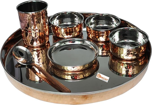 Indian Luxury Dinnerware Set Stainless Steel Copper Traditional Thali Plate Bowls Glass Spoon 13 Inch Diameter Home Restaurants - Product Image 5