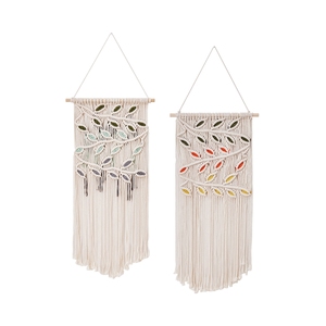 Décoration murale en macramé tressé style bohème avec feuilles, tissé à la main, écologique, avec pompons, pour chambre/salon, mariage, anniversaire - Product Image 1