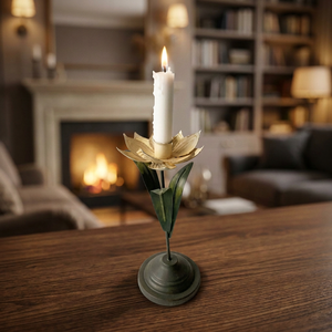 Candelero con Forma de Flor y Hojas Verdes, Decoración para el Hogar, Candelero de Metal Duradero - Product Image 5