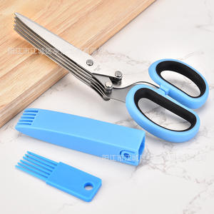 Ciseaux de cuisine multi-couches en acier inoxydable Yangjiang pour légumes et herbes, outil de coupe à 5 couches, manche bleu-noir - Product Image 4