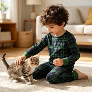 Ensemble de pyjama pour garçons Cozy Nights, 2 pièces, chemise à manches longues en tissu de bambou vert à carreaux, leggings, vêtements de nuit, pyjama de Noël pour la famille - Product Image 4