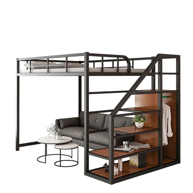 New Design Bedroom Furniture Double Queen Full Size Industrial Metal Frame Iron Metal Loft Bed Heavy Duty Steel Metal Loft Bed