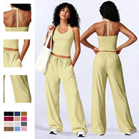 Ensemble de yoga 2 pièces pour femmes grandes tailles, couleur unie, avec cordon de serrage, respirant, anti-transpiration, en Spandex/Nylon, col en V, décontracté, pour la course et le fitness