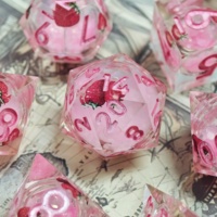 LuxeRoll – Ensemble de dés en résine à bords tranchants faits à la main, 7 pièces, noyau liquide, motif fraise, polyédriques, pour D&D et jeux de rôle sur table, vente en gros, personnalisables