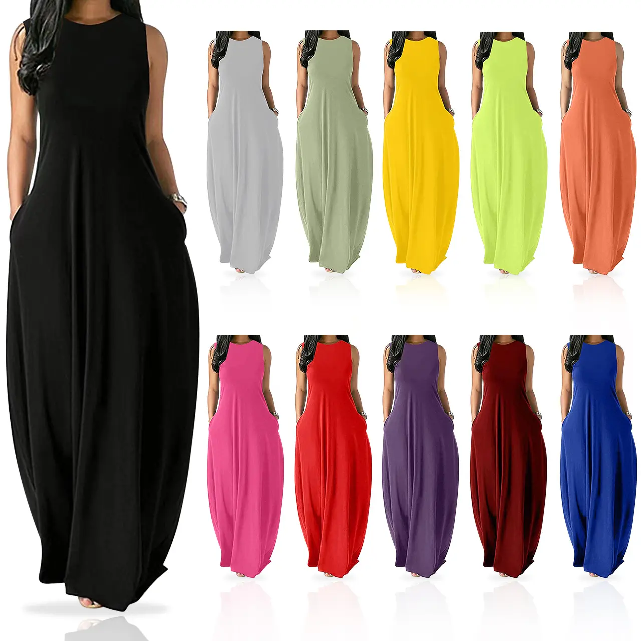 Loose Sleeveless Vest Solid Color O Neck Maxi Long Casual Dresses Women