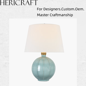 Lampe de chevet ronde en céramique bleue <span class=keywords><strong>Qua</strong></span> avec abat-jour en lin, éclairage d'appoint traditionnel pour maison de style côtier - Product Image 1