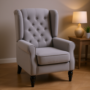 Fauteuil d'appoint capitonné DB, dossier haut, accoudoirs rembourrés, gris, mobilier de salon, style moderne, assise rembourrée en mousse - Product Image 2