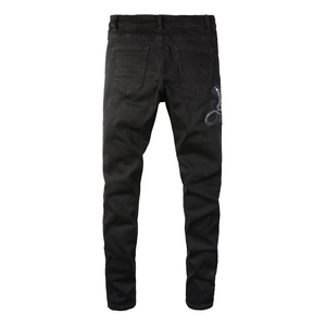 Jeans <span class=keywords><strong>Uomo</strong></span> Slim Fit Effetto Vissuto con Ricamo Serpente Nero <span class=keywords><strong>Elasticizzati</strong></span> Strappati Impilati <span class=keywords><strong>Pantaloni</strong></span> Invernali in Denim Stile Vintage Hip Hop - Product Image 6