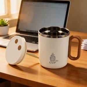 Electric Stirring Cup 304 Stainless Steel With Lid Double Layer Anti Scalding Office Coffee Mug With Handle White - Product Image 2