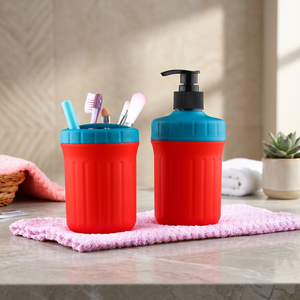 Support de bain moderne en silicone Anax, ensemble de 2 pièces avec bouteille à pompe rechargeable et gobelet à brosse à dents pour lavabo de salle de bain - Product Image 3