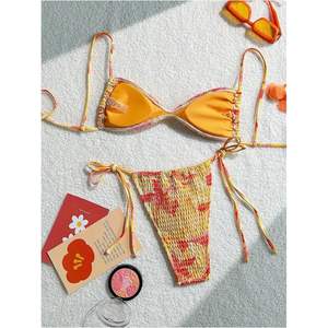 ชุดบิกินี่ผู้หญิงแบบมีลายผ้าริ้ว ชุดว่ายน้ำสองชิ้นแบบยืดได้ สไตล์โบฮีเมียน เสื้อครอปและกางเกง - Product Image 3