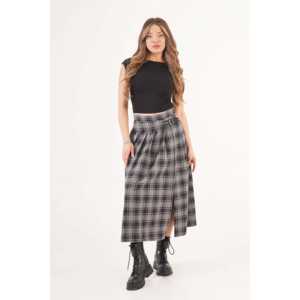Wholesale Gray Plaid <b>Long</b> <b>Skirt</b> Empire Waist Belt Detail Side Slits <b>Pleat</b> Decorations-Genuine Leather Chiffon Fabric Plain Style - Product Image 4