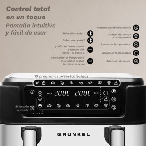 Freidora de Aire Doble Grunkel de 10L y 2800W con Pantalla Digital y Dos Compartimentos para Cocinar Pollo y Papas Fritas - Product Image 3