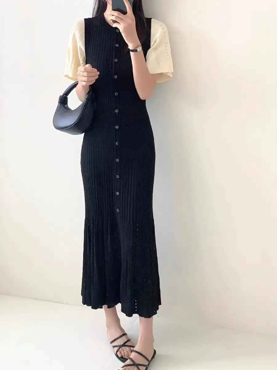 Bettergirl New French Elegant Womens Slim Knit Dress Fashion Wholesale Ladies Dresses 2024 Early Autumn Summer 1 Piece Natural