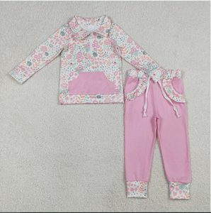 Conjunto de Ropa de Primavera para Niñas GLP3279 con Top de Flores Rosas con Cierre y Bolsillos y Pantalones Rosas - Product Image 1