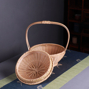 Handmade Bamboo Round Basket With Lid Kitchen Food Storage Container <b>Standing</b> Type Woven Basket For <b>Vegetable</b> Fruit Egg - Product Image 4