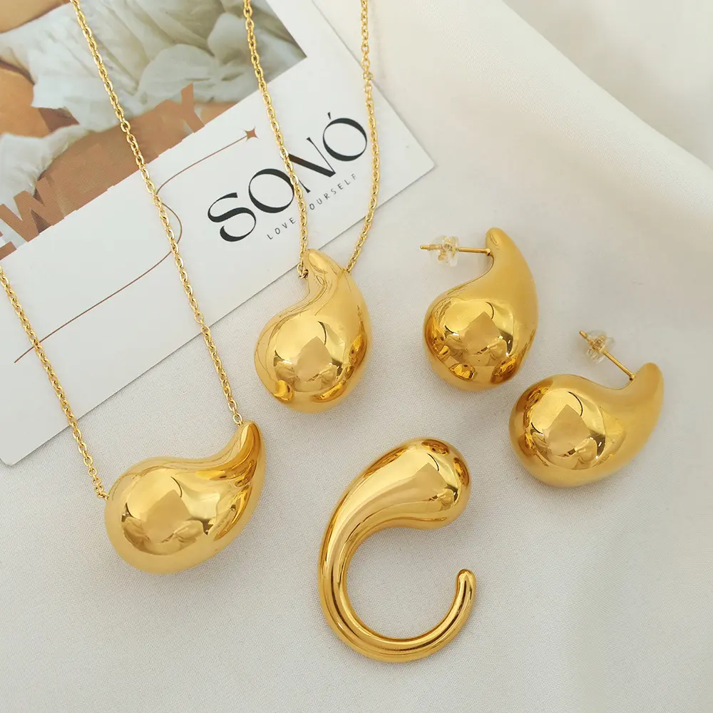 Nuevo conjunto de 3 Uds de gota de agua de acero inoxidable 316L chapado en oro de 18K sin deslustre, collar, pendientes, anillo, conjunto de joyería para mujer