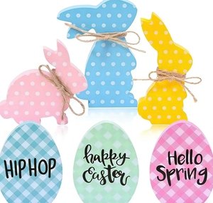 DM Easter Decoration Easter Bunny Wooden Craft Tabletop Rabbit Decor with Pink Blue Green Easter Eggs for Desk Decor - Product Image 5
