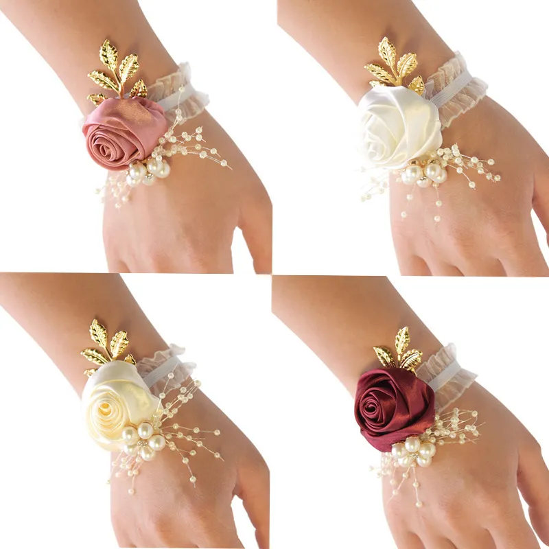 Cô Dâu Cổ Tay Corsage Lụa Rose Wedding Tay Hoa Dây Đeo Cổ Tay Vòng Đeo Tay Cho Phù Dâu Cô Gái Đồ Trang Sức Đảng Hôn Nhân Phụ Kiện