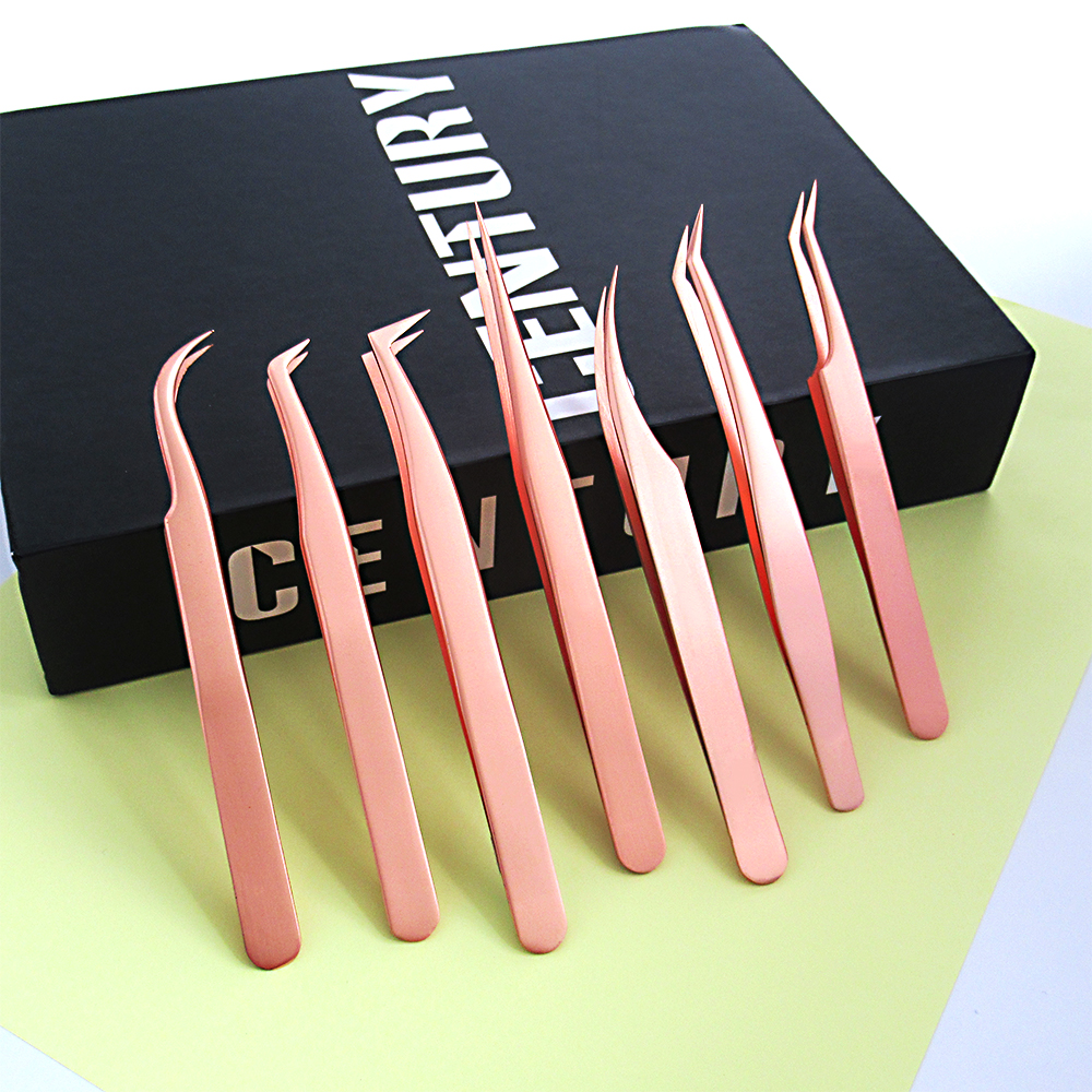 Custom Logo Private Label Eyelash Applicator Tweezers Rose Gold Stainless Steel Lash Tweezers