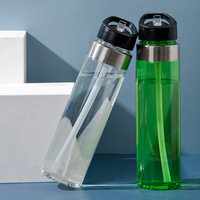 Bouteille d'eau en plastique sans BPA avec paille rabattable, gourde de voyage portable anti-fuite avec couvercle de transport