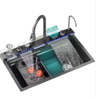 Évier de cuisine moderne intelligent à cuve unique 220 mm en acier inoxydable nano multifonctionnel avec fonction cascade et jet de pluie, soudure noire, garantie 5 ans
