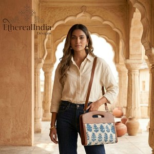 Sac pour ordinateur portable en coton imprimé indigo, sac fourre-tout de bureau structuré avec poignée en cuir, vente en gros, fournisseur d'exportation Inde - Product Image 5