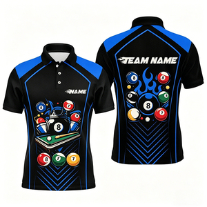 Maglietta da uomo S.Q.F. nera e blu con stampa 3D a blocchi di colore, motivo Re con corona, 8-Ball, fiamma, ali e strisce geometriche per biliardo competitivo - Product Image 3