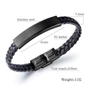 Di alta qualità <span class=keywords><strong>bracciale</strong></span> in acciaio inox da <span class=keywords><strong>uomo</strong></span> nero intrecciato in pelle con gioielli in <span class=keywords><strong>argento</strong></span> incisabili all'ingrosso - Product Image 2