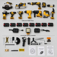 Perangkat Perkakas Listrik Tanpa Kabel 20V Kuning Hitam dengan Gergaji Bundar, Bor, Obeng Impak, dan Gerinda Sudut