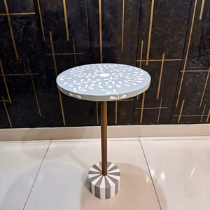 <b>Round</b> Gray <b>Wood</b> Side <b>Table</b> with Floral Bone Inlay Top Brass Metal Pedestal and Decorative Base Modern Accent Furniture - Product Image 1