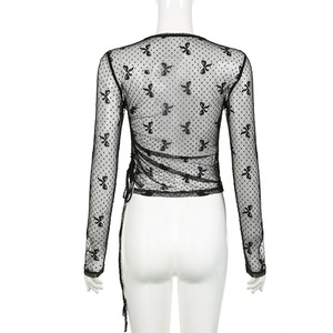 <span class=keywords><strong>Magliette</strong></span> <span class=keywords><strong>eleganti</strong></span> e leggere in rete nera con Delicate camicette a maniche lunghe da donna ricamate a farfalla - Product Image 4